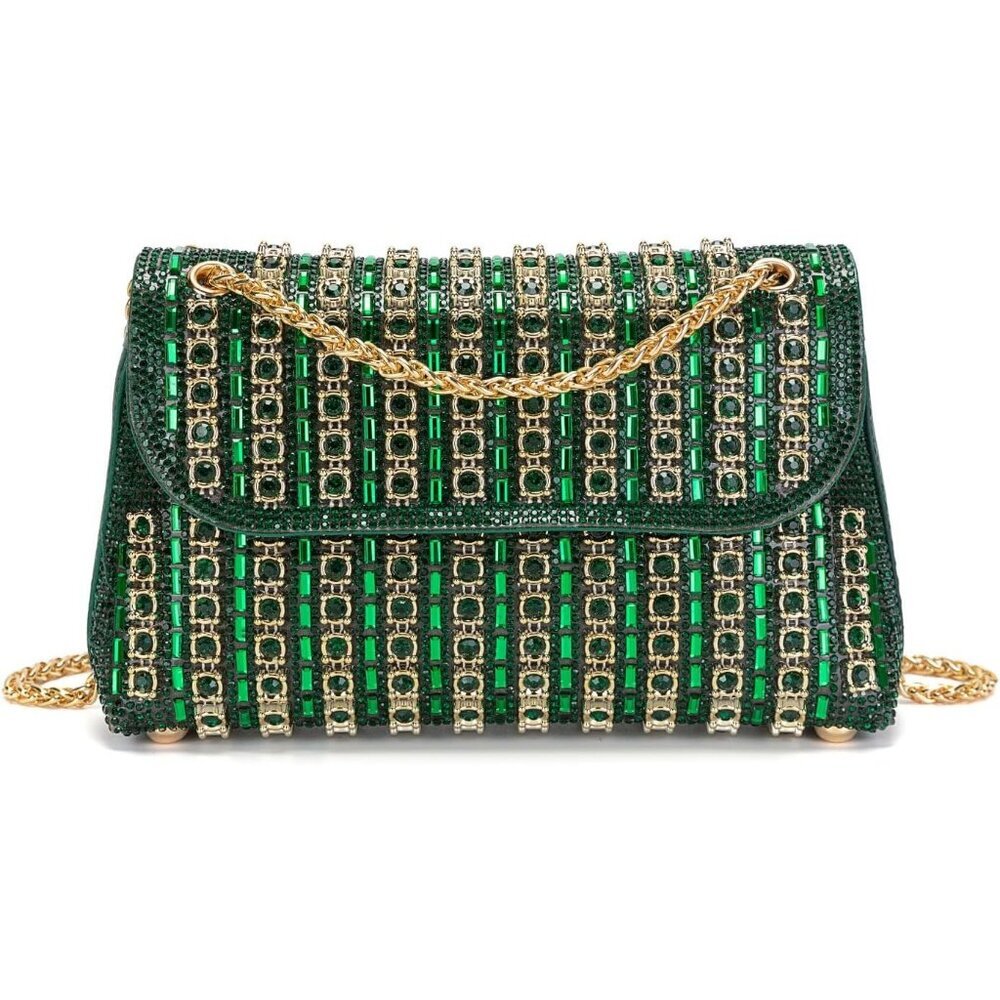 Women's Green Rhinestones Chain Shoulder Sparkly Cocktail Prom Party Clutch Bag